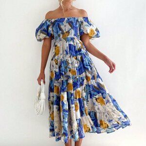 Blue Casual Women's Puff Sleeve Slim Waist Floral Print Dress